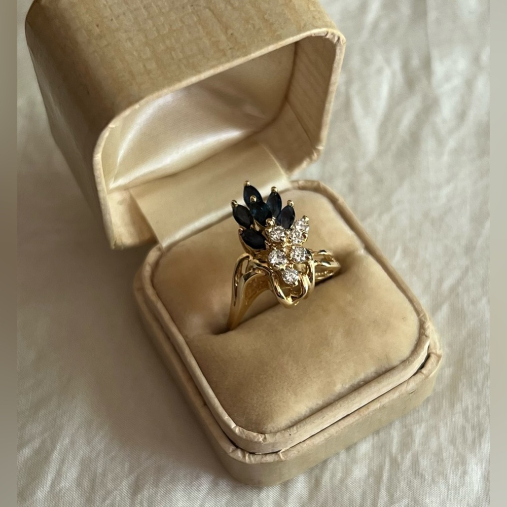 Sapphire Plumes Ring, Vintage 14K Gold, Genuine Diamonds and Sapphires